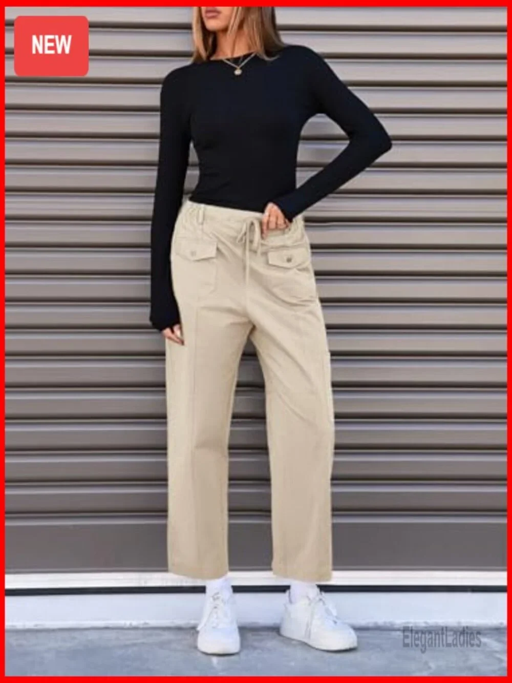 100% Cotton Cargo Pants Drawstring Elastic Waist Hiking Work Pants with Pockets